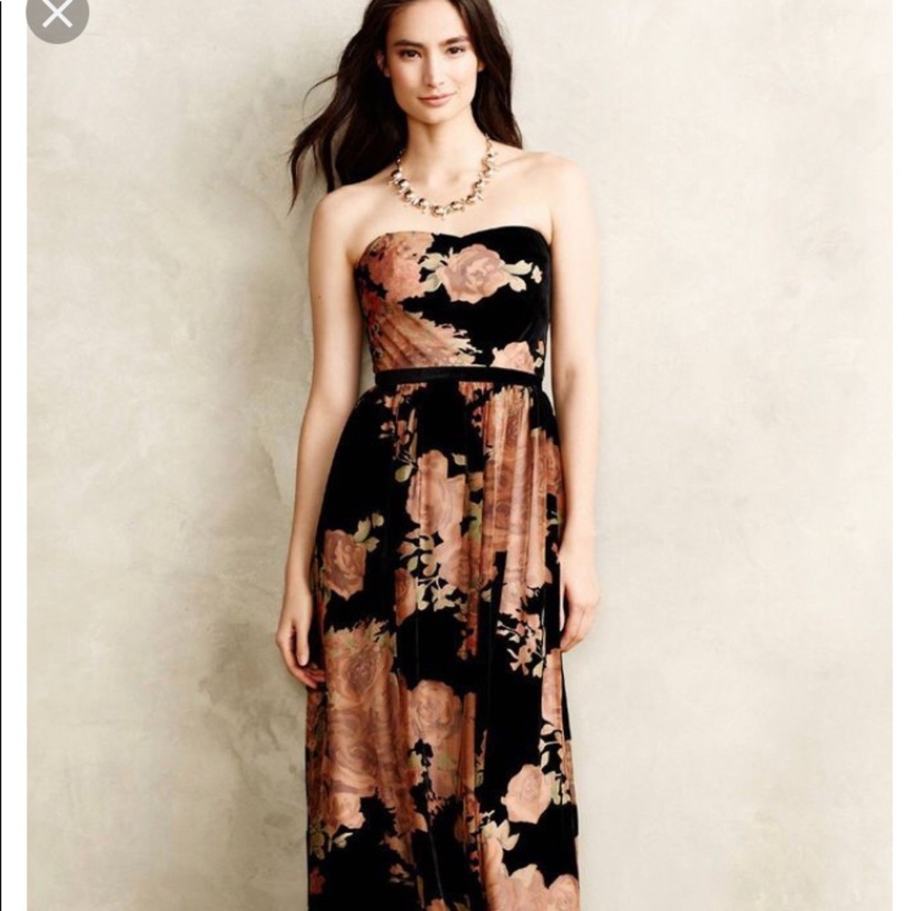 Anthropologie velvet floral print strapless maxi